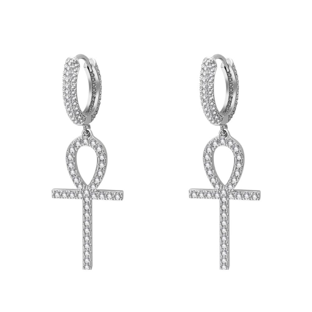 Large Ankh Tennis Cross Dangling Huggie Hoop Iced Out Earrings .925 Silver White Gold HipHopBling