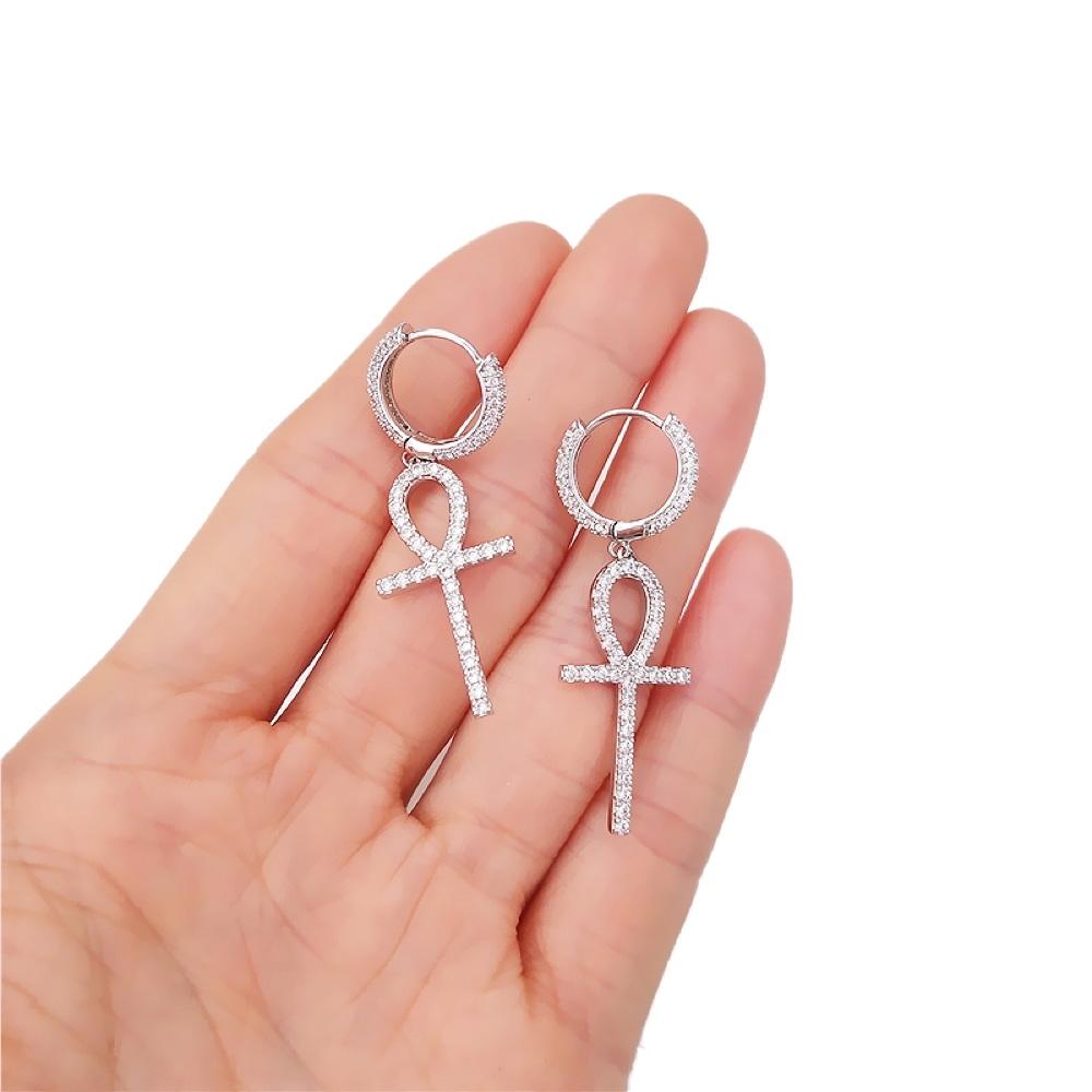 Large Ankh Tennis Cross Dangling Huggie Hoop Iced Out Earrings .925 Silver White Gold HipHopBling