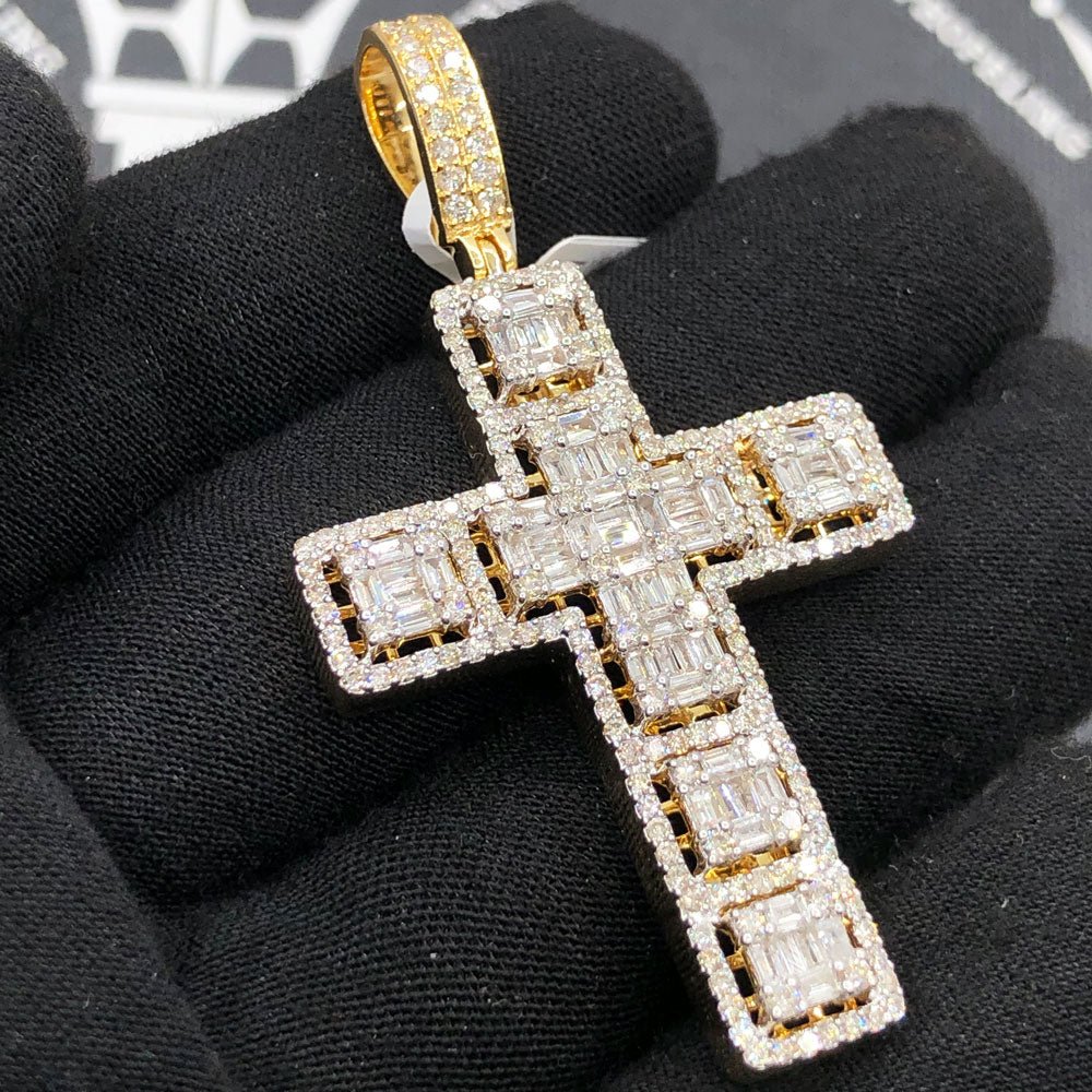 Large Baguette Cluster Cross 3.86cttw Diamond Pendant 10K Yellow Gold HipHopBling