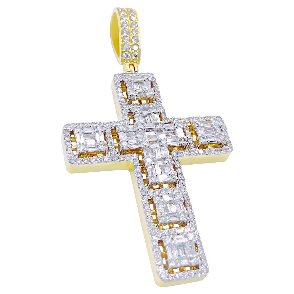 Large Baguette Cluster Cross 3.86cttw Diamond Pendant 10K Yellow Gold HipHopBling