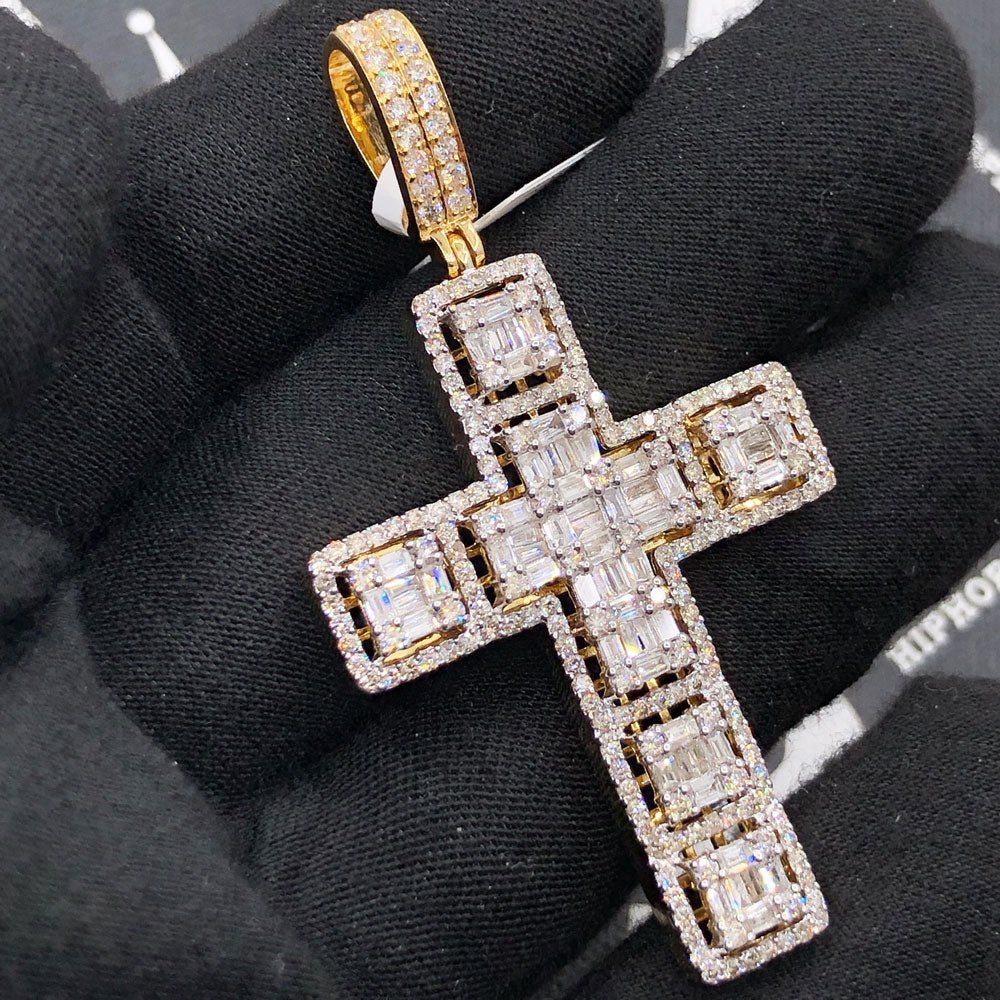 Large Baguette Cluster Cross 3.86cttw Diamond Pendant 10K Yellow Gold HipHopBling