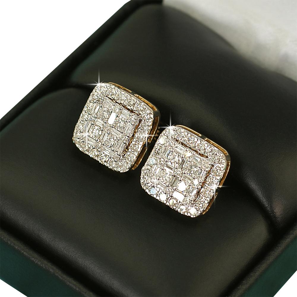 Large Baguette Cushion Diamond Earrings 1.30cttw 10K Yellow Gold HipHopBling