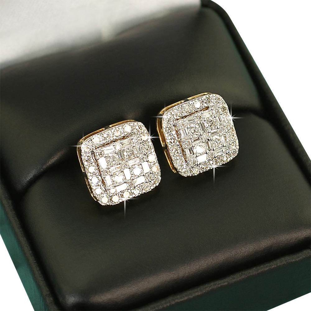 Large Baguette Cushion Diamond Earrings 1.30cttw 10K Yellow Gold HipHopBling