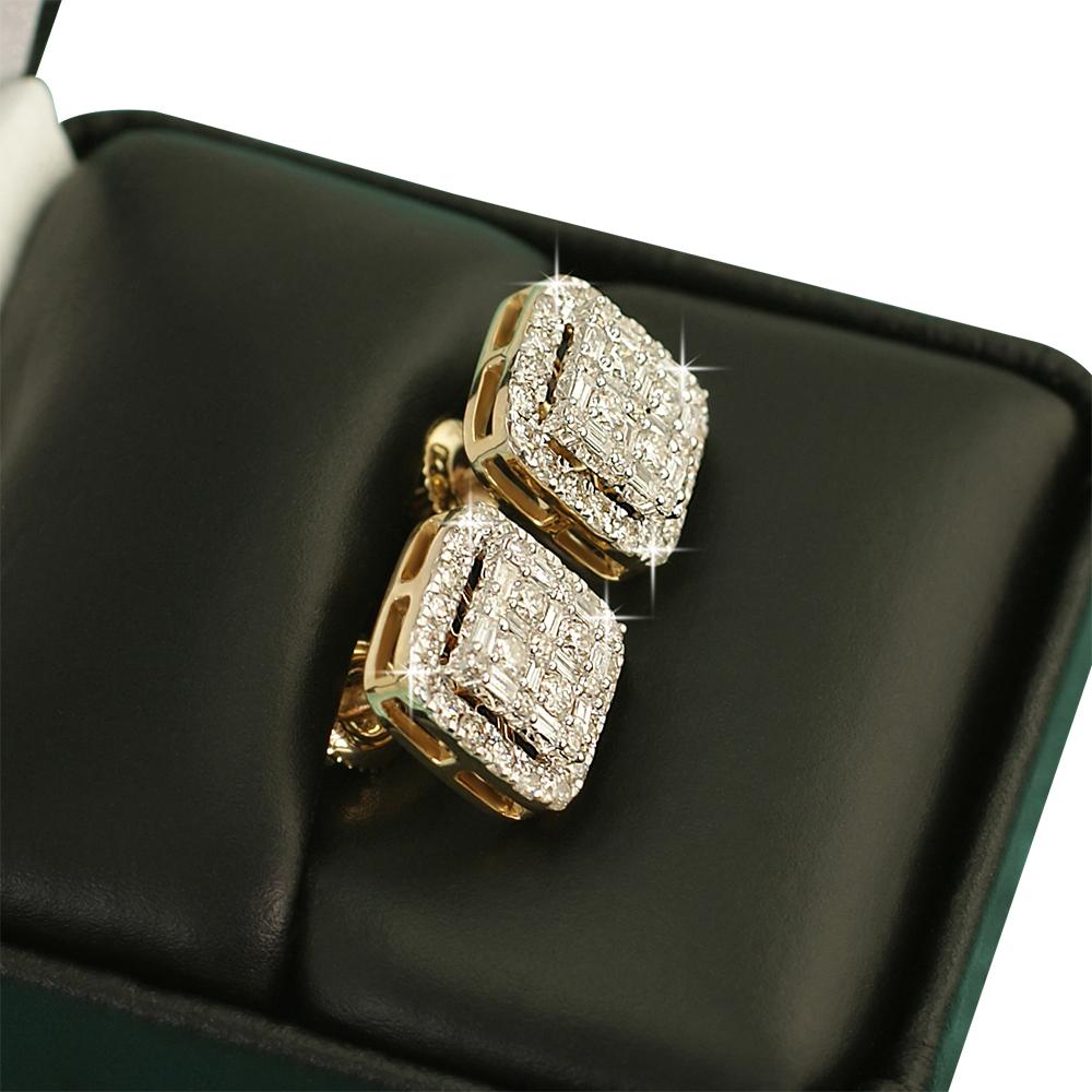Large Baguette Cushion Diamond Earrings 1.30cttw 10K Yellow Gold HipHopBling