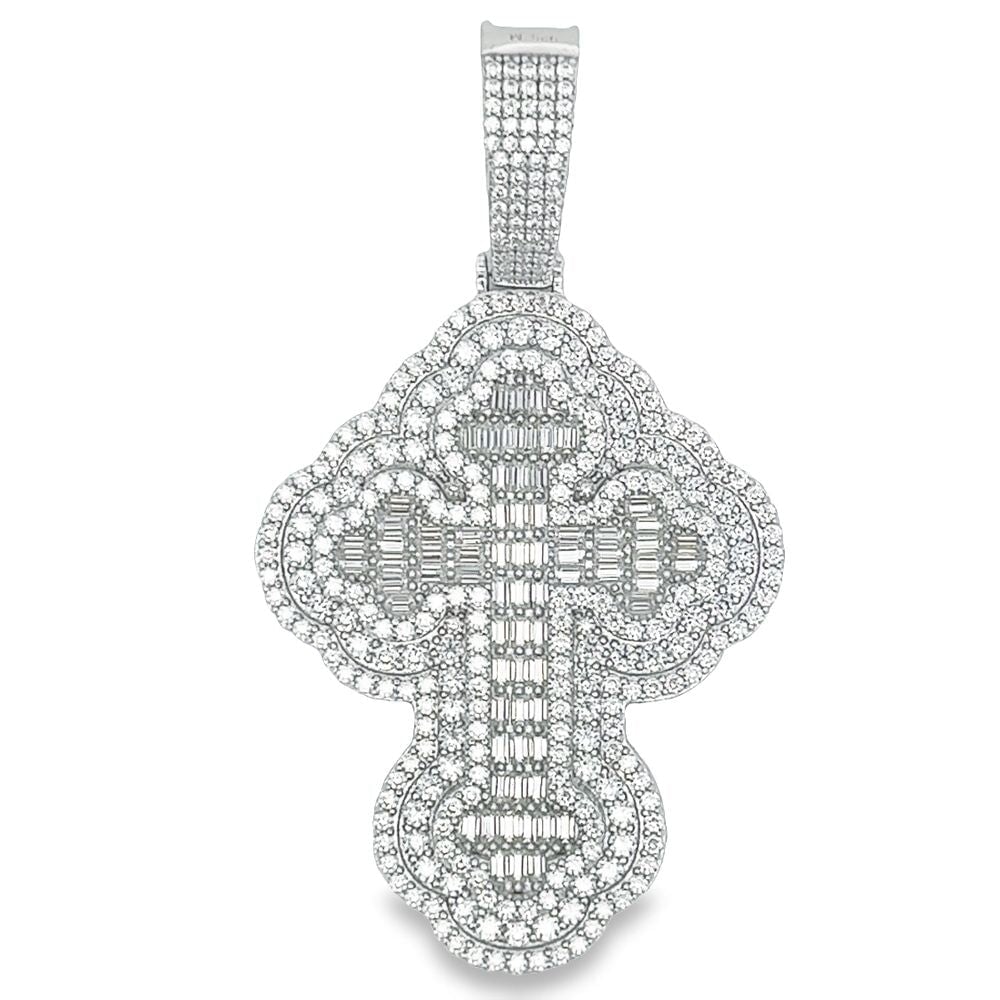 Large Clover Cross Baguette VVS Moissanite Pendant 4.86cttw .925 Sterling Silver HipHopBling