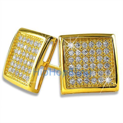 Large Deep Box Gold Vermeil CZ Micropave Earrings .925 Silver HipHopBling