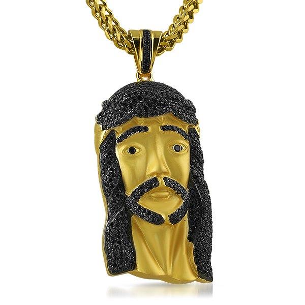 Large Gold Jesus Piece Pendant Black CZ HipHopBling