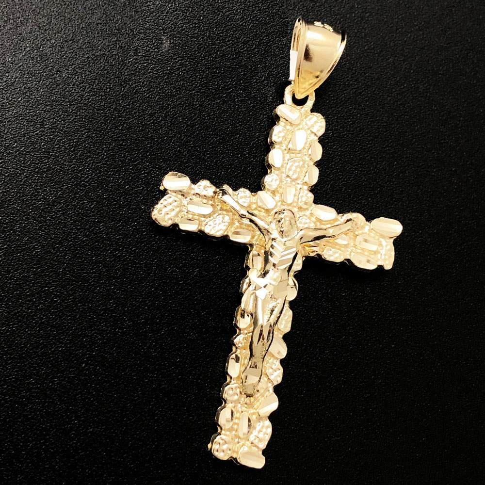Large Jesus Crucifix Nugget Cross DC 10K Yellow Gold Pendant HipHopBling