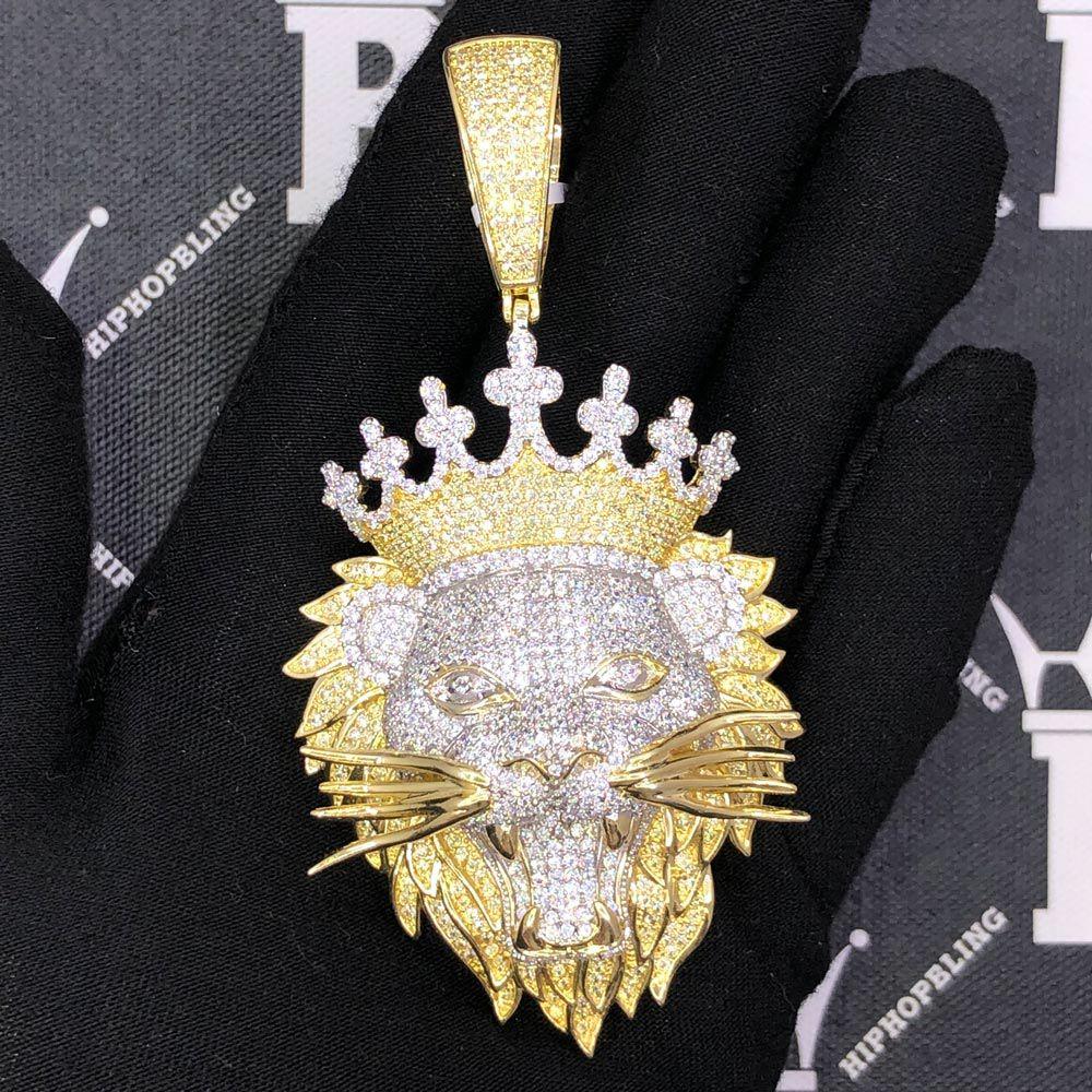 Large Lion Wearing Cross Crown VVS CZ Hip Hop Bling Pendant Yellow Gold HipHopBling
