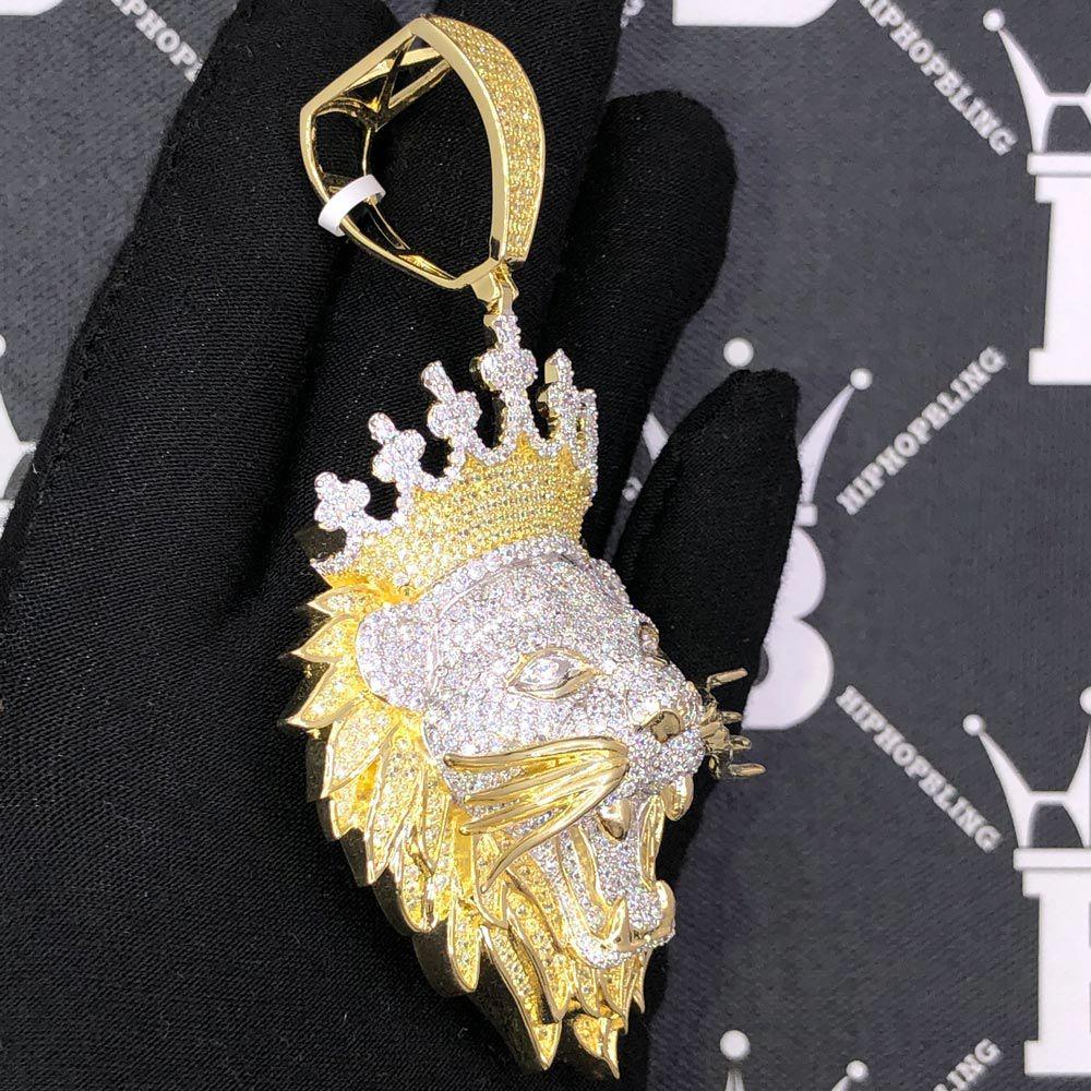 Large Lion Wearing Cross Crown VVS CZ Hip Hop Bling Pendant Yellow Gold HipHopBling