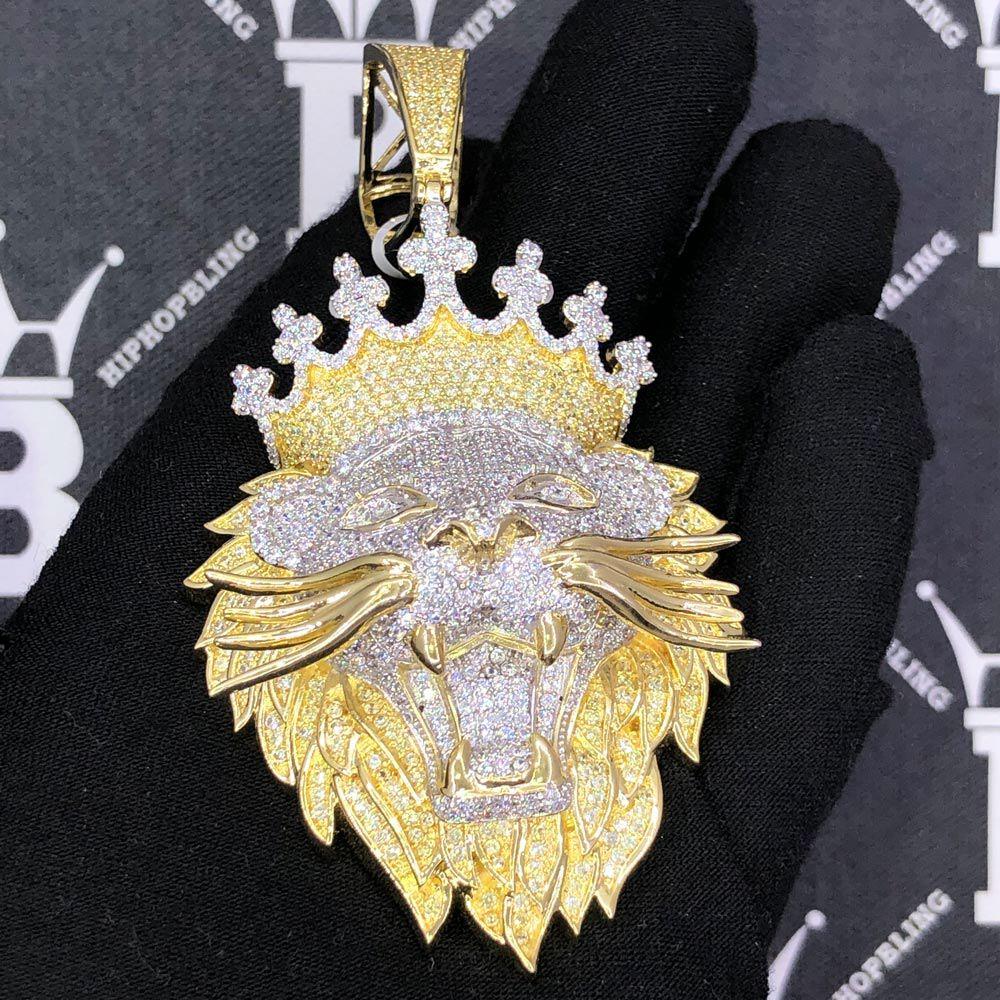 Large Lion Wearing Cross Crown VVS CZ Hip Hop Bling Pendant Yellow Gold HipHopBling