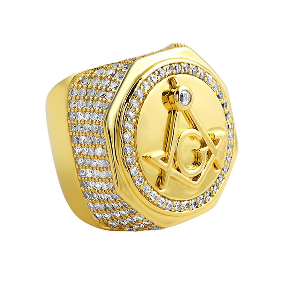 Large Masonic CZ Gold Plated Mens Ring 7 HipHopBling