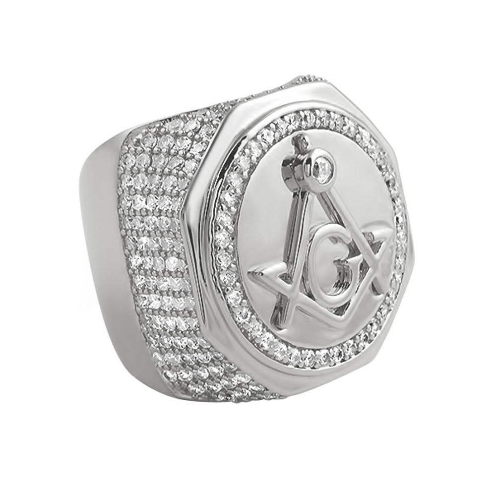 Large Masonic Rhodium CZ Mens Ring 7 HipHopBling