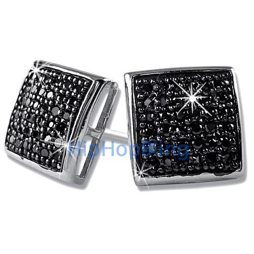 Large Puffed Box Black CZ Micro Pave Earrings .925 Silver HipHopBling
