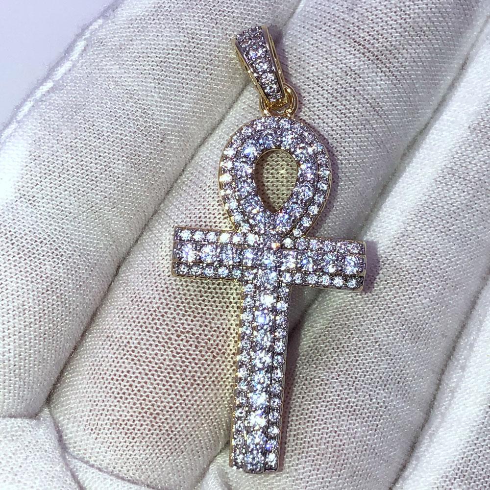 Layered Ankh Cross VVS CZ Hip Hop Iced Out Pendant Yellow Gold HipHopBling