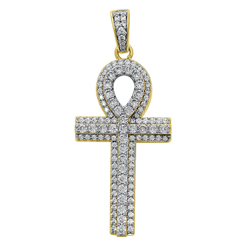 Layered Ankh Cross VVS CZ Hip Hop Iced Out Pendant Yellow Gold HipHopBling