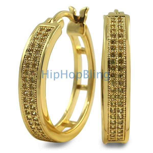 Lemonade CZ 2 Row Hoops Micro Pave Earrings HipHopBling