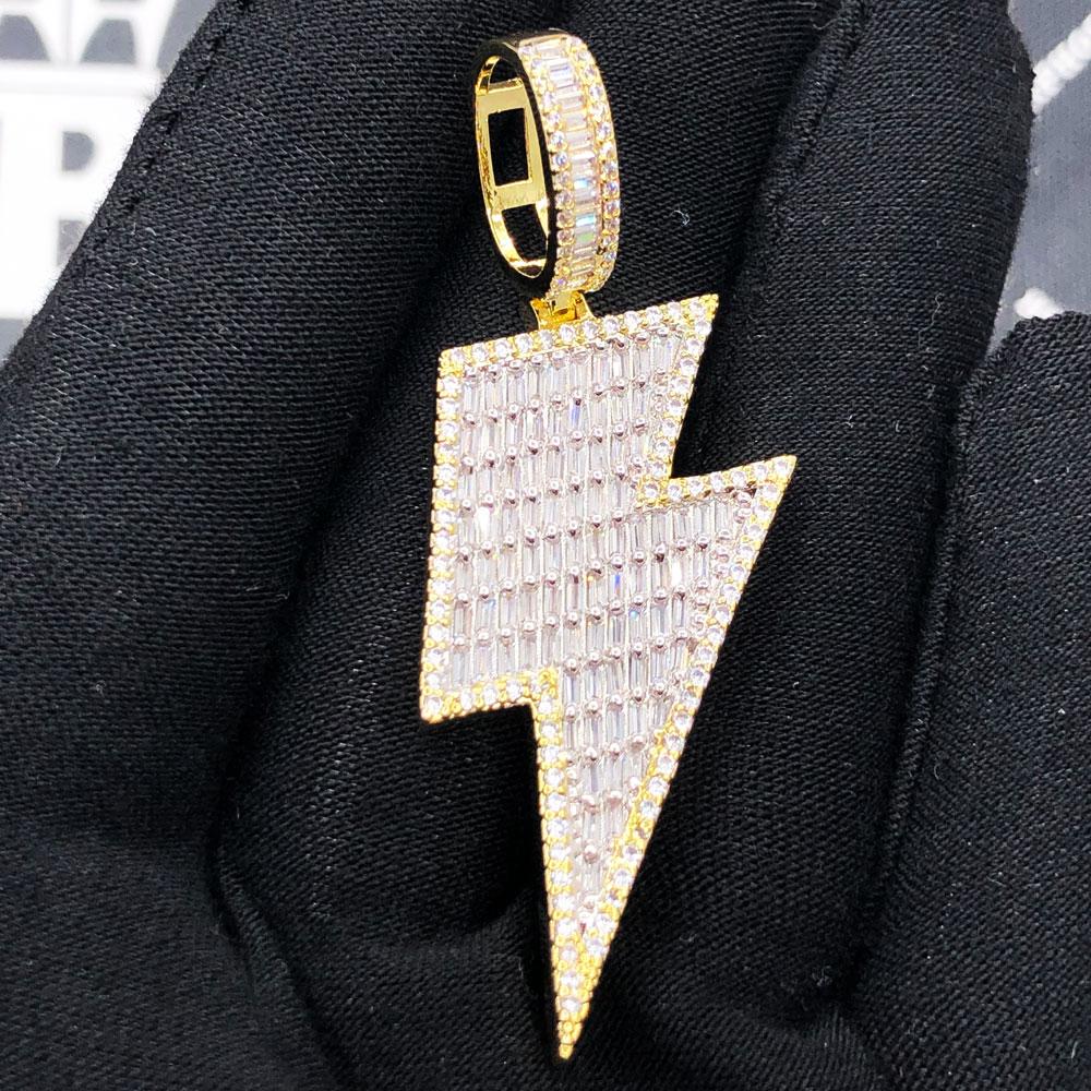 Lightning Bolt Baguette VVS CZ Hip Hop Iced Out Pendant Yellow Gold HipHopBling