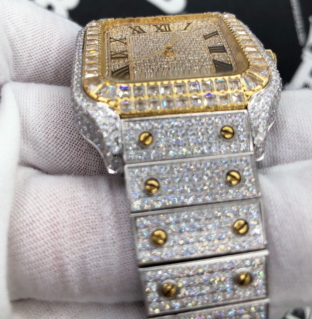 Limited Edition Iced Out Square CZ Steel Bust Down Watch TT Gold/White HipHopBling