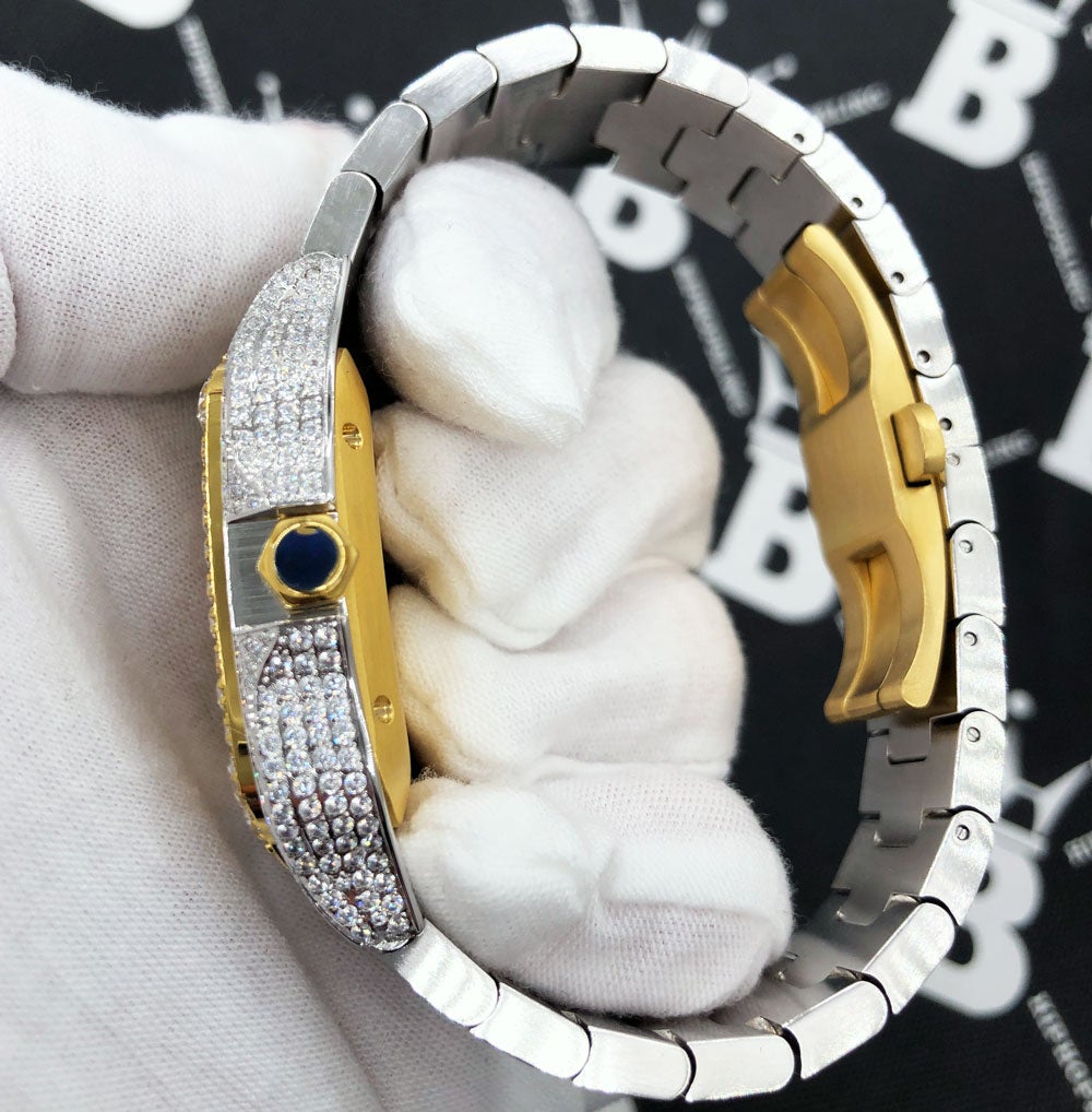 Limited Edition Iced Out Square CZ Steel Bust Down Watch TT Gold/White HipHopBling