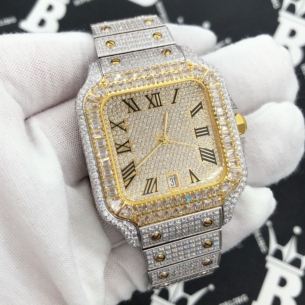 Limited Edition Iced Out Square CZ Steel Bust Down Watch TT Gold/White HipHopBling