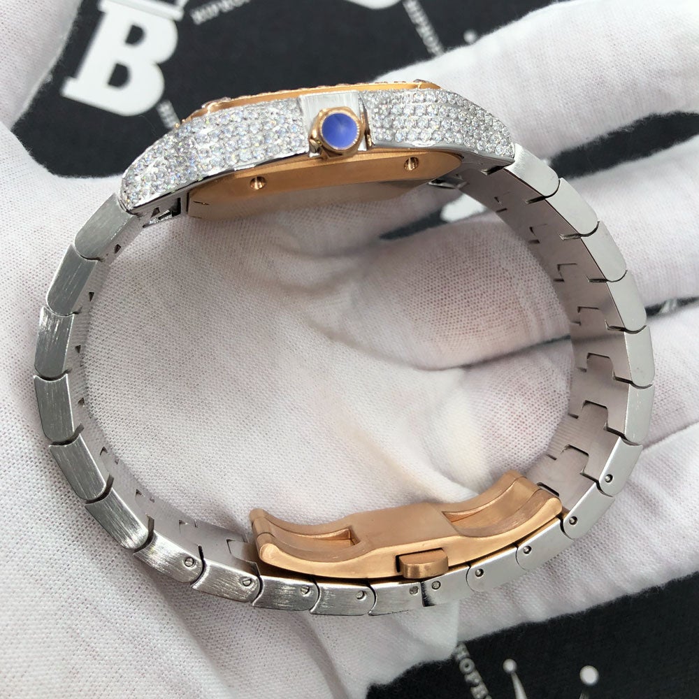 Limited Edition Iced Out Square CZ Steel Bust Down Watch TT Rose/White HipHopBling