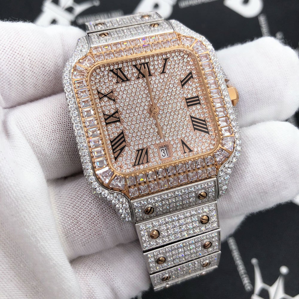 Limited Edition Iced Out Square CZ Steel Bust Down Watch TT Rose/White HipHopBling