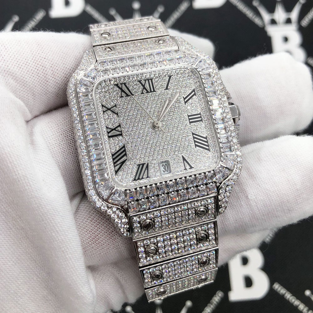 Limited Edition Iced Out Square CZ Steel Bust Down Watch White Gold HipHopBling