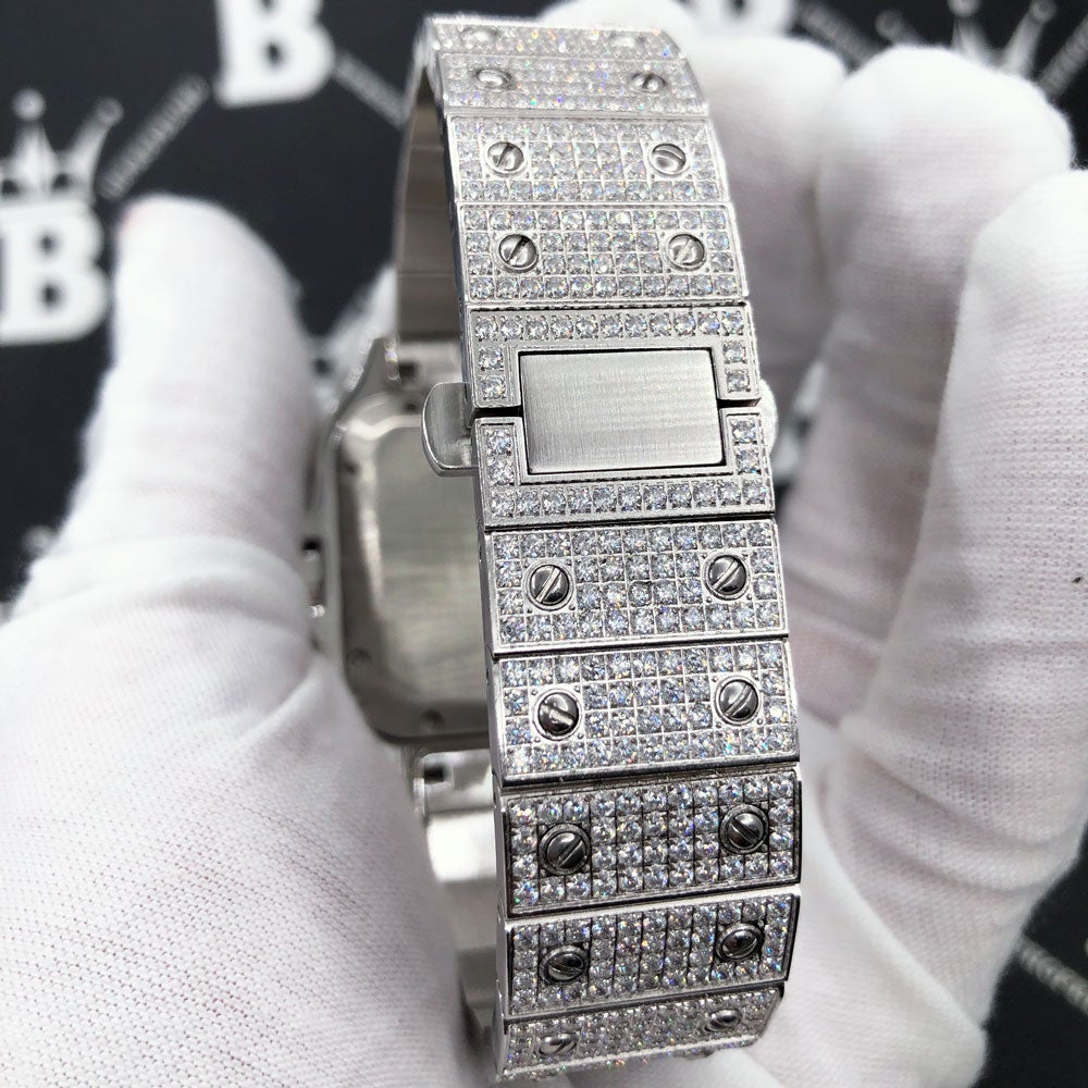 Limited Edition Iced Out Square CZ Steel Bust Down Watch White Gold HipHopBling