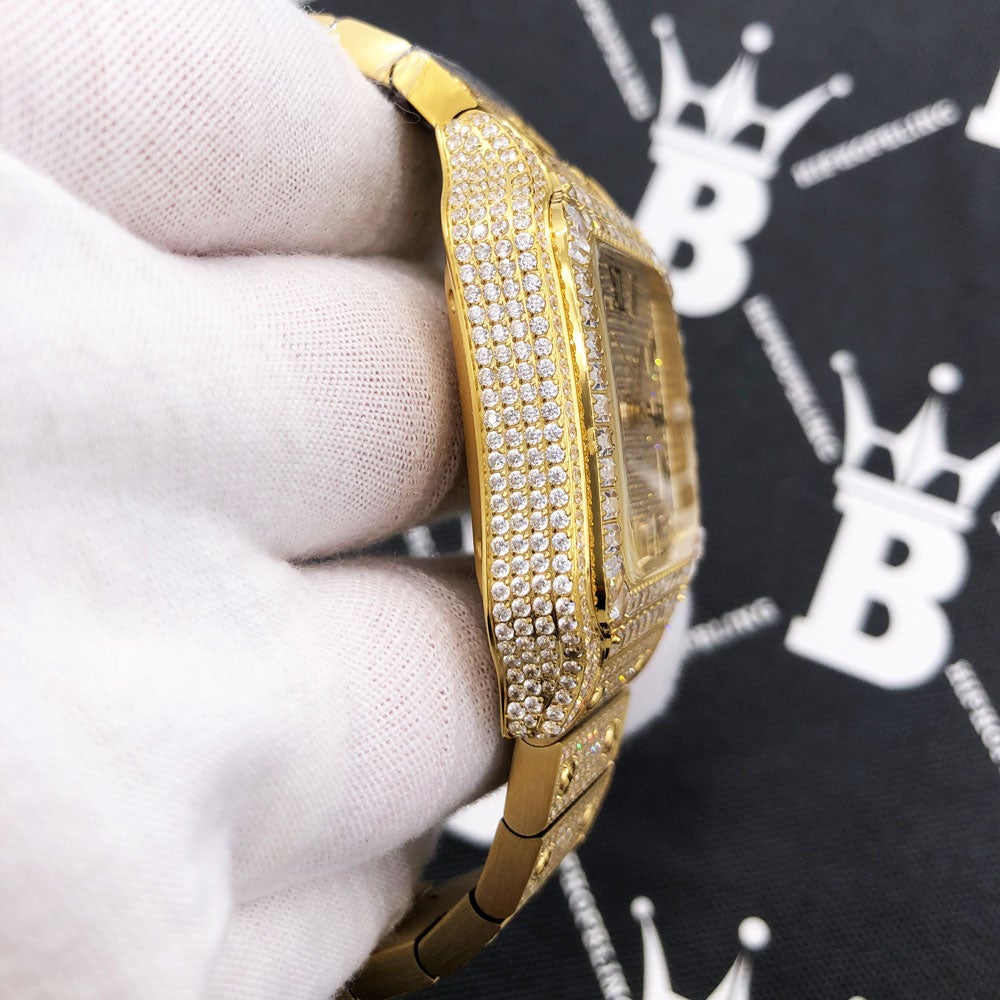 Limited Edition Iced Out Square CZ Steel Bust Down Watch Yellow Gold HipHopBling