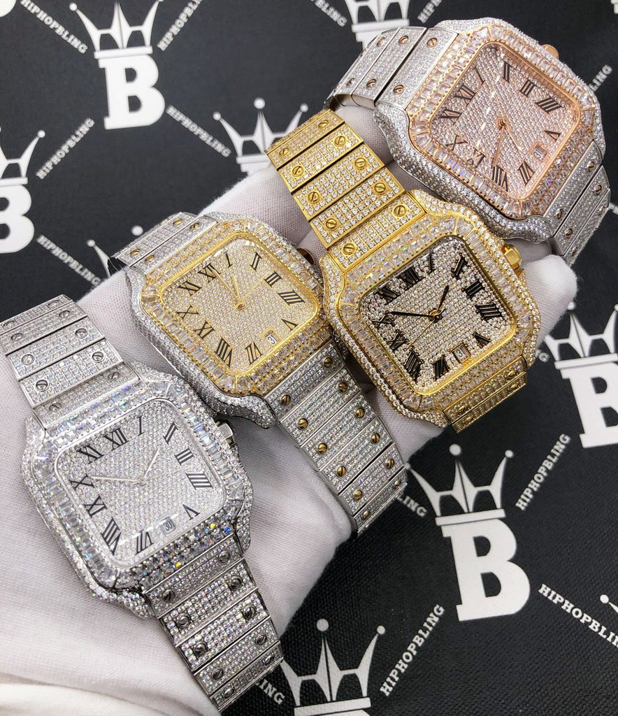 Limited Edition Iced Out Square CZ Steel Bust Down Watch Yellow Gold HipHopBling