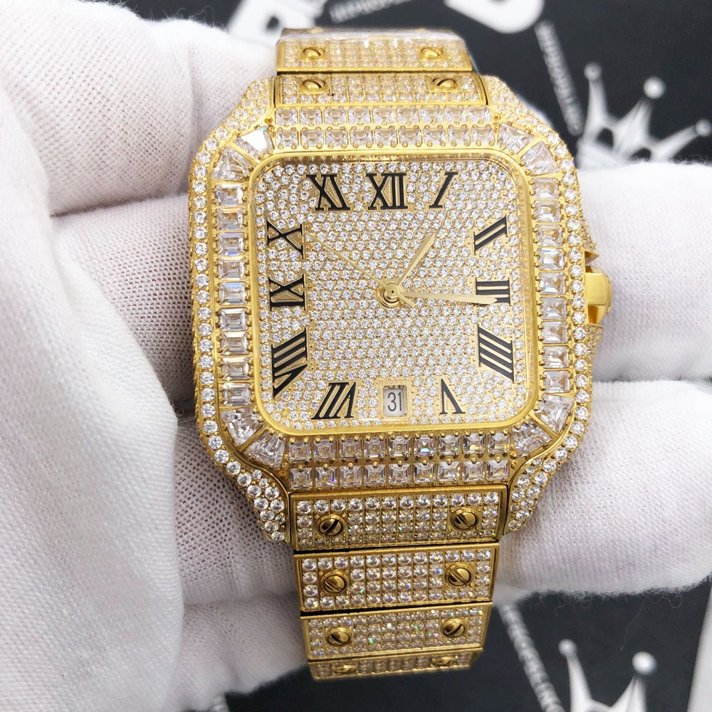 Limited Edition Iced Out Square CZ Steel Bust Down Watch Yellow Gold HipHopBling