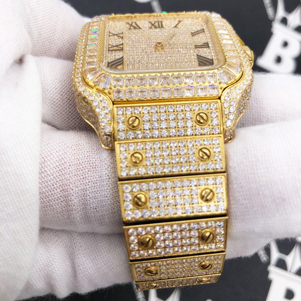 Limited Edition Iced Out Square CZ Steel Bust Down Watch Yellow Gold HipHopBling