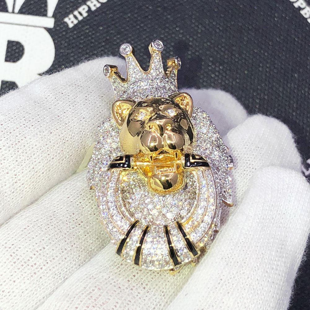 Lion Door Knocker VVS CZ Hip Hop Iced Out Pendant Yellow Gold HipHopBling