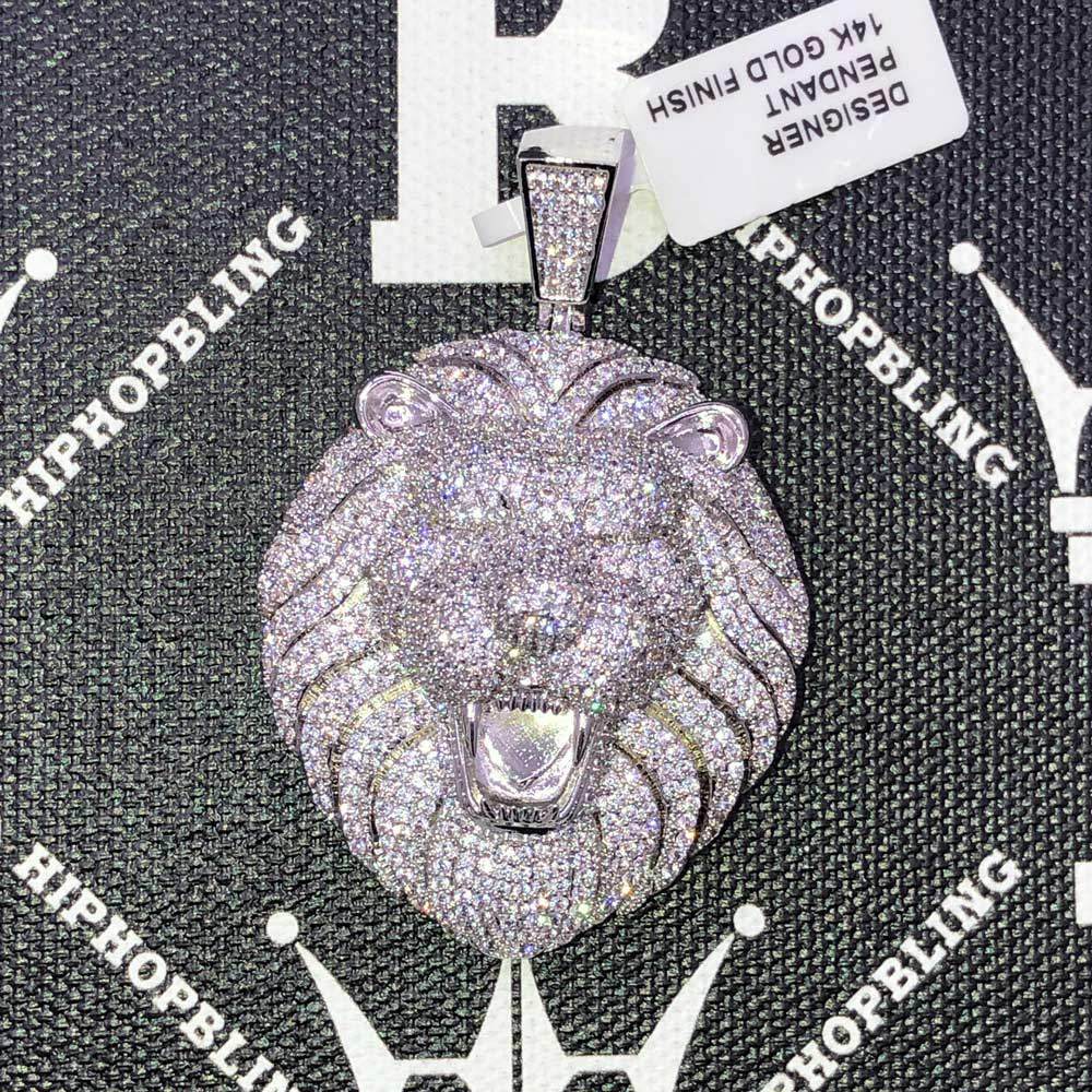 Lion Head Open Mouth CZ Hip Hop Bling Bling Pendant White Gold HipHopBling