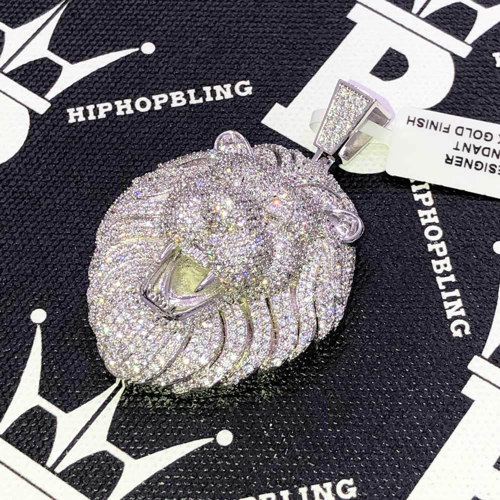 Lion Head Open Mouth CZ Hip Hop Bling Bling Pendant White Gold HipHopBling