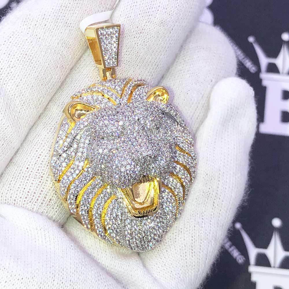 Lion Head Open Mouth CZ Hip Hop Bling Bling Pendant Yellow Gold HipHopBling