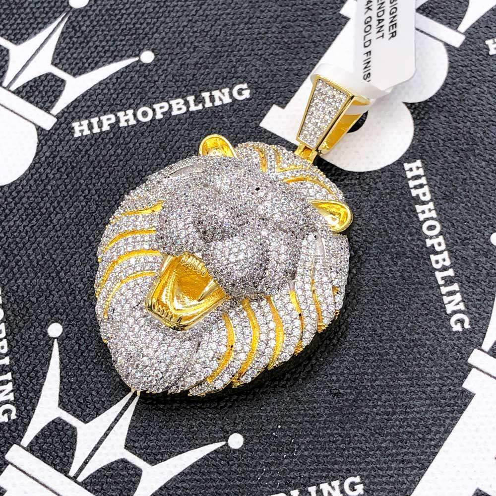 Lion Head Open Mouth CZ Hip Hop Bling Bling Pendant Yellow Gold HipHopBling