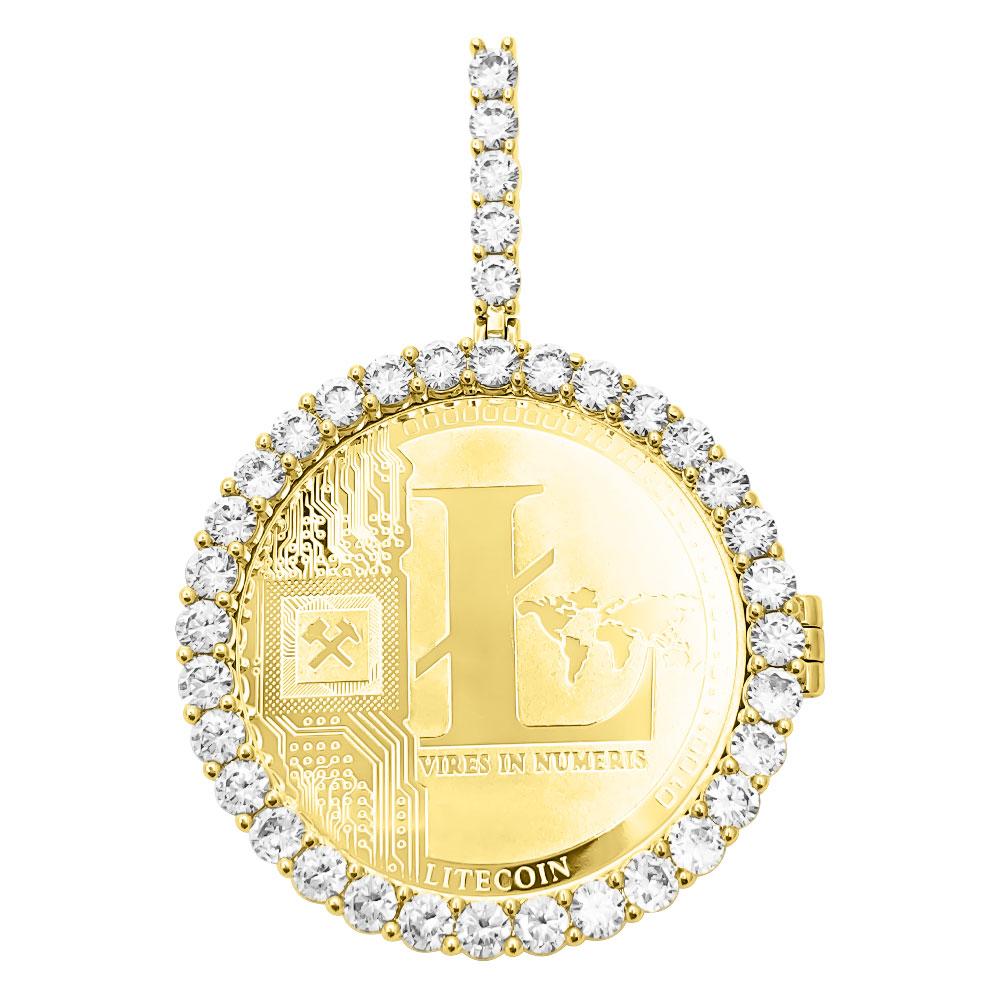 LITECOIN Coin Iced Out Frame Pendant Yellow Gold Tennis CZ Frame HipHopBling