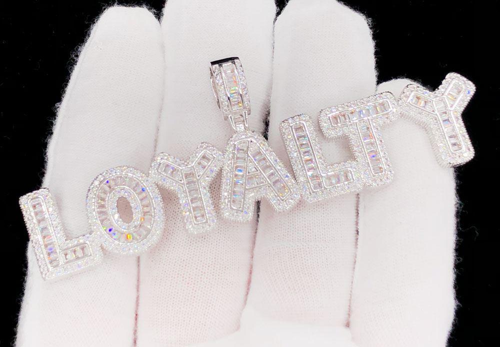 LOYALTY Baguette Bubble Iced Out Hip Hop Pendant White Gold HipHopBling