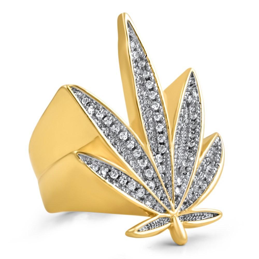 Marijuana Leaf 420 CZ Bling Bling Gold Ring 7 HipHopBling