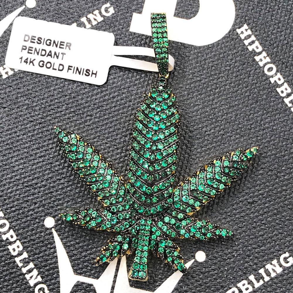 Marijuana Leaf Detailed CZ Hip Hop Bling Bling Pendant Green Stones / Gold HipHopBling