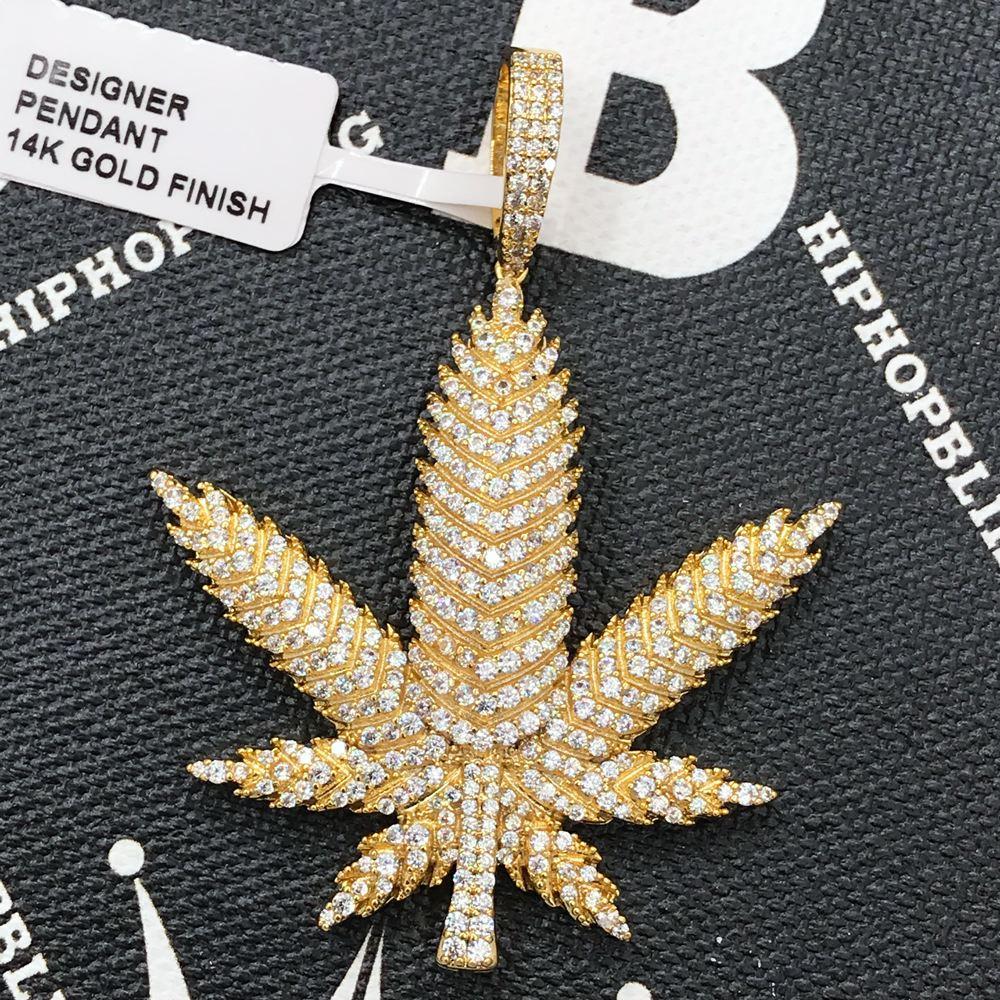 Marijuana Leaf Detailed CZ Hip Hop Bling Bling Pendant Yellow Gold HipHopBling