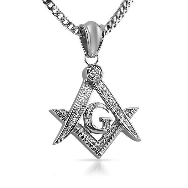 Masonic Free Mason Symbol Micro Pave CZ Pendant Stainless Steel HipHopBling