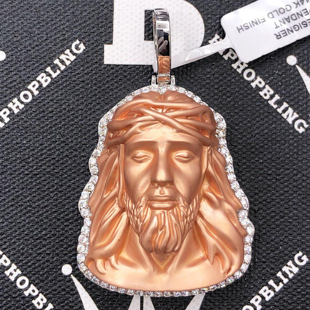 Matte Detailed Jesus Face VVS CZ Hip Hop Iced Out Pendant Rose Gold HipHopBling