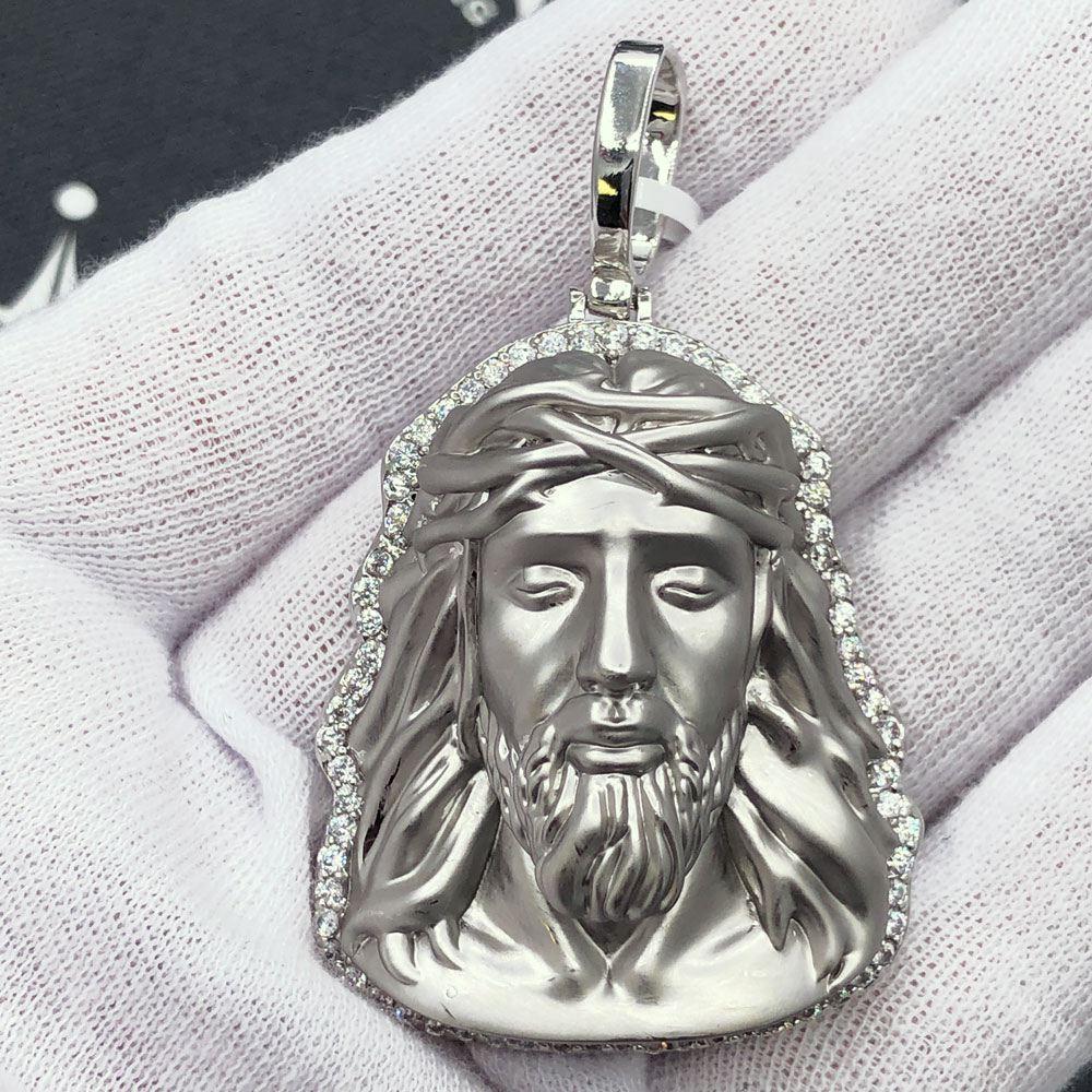 Matte Detailed Jesus Face VVS CZ Hip Hop Iced Out Pendant White Gold HipHopBling
