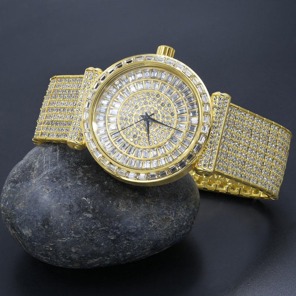 Mega Baguette 10 Row CZ Band Bling Watch Yellow Gold HipHopBling
