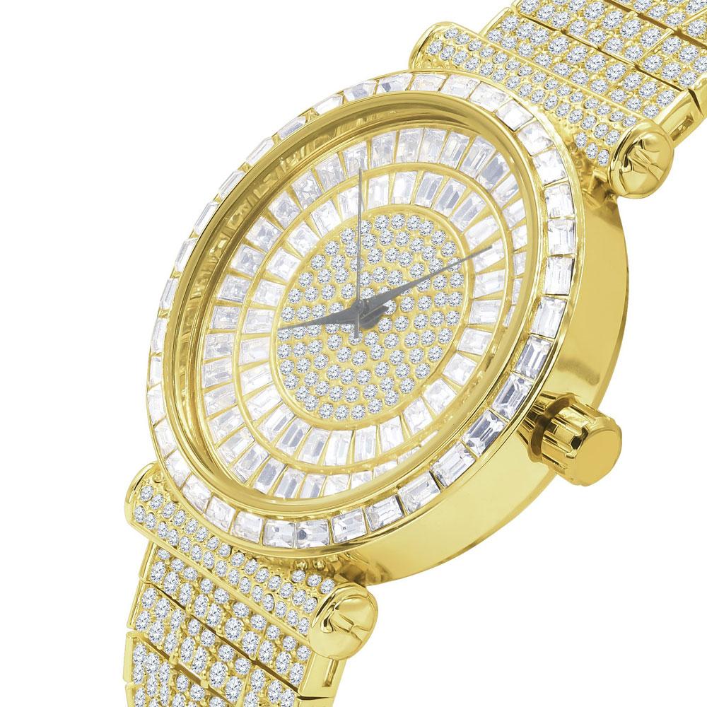 Mega Baguette 10 Row CZ Band Bling Watch Yellow Gold HipHopBling