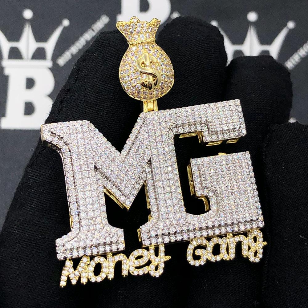 MG Money Gang VVS CZ Hip Hop Iced Out Pendant Yellow Gold HipHopBling
