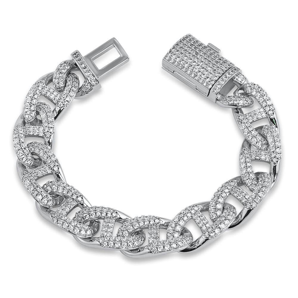 Miami Mariner CZ Iced Out Hip Hop Bracelet White Gold 8" HipHopBling